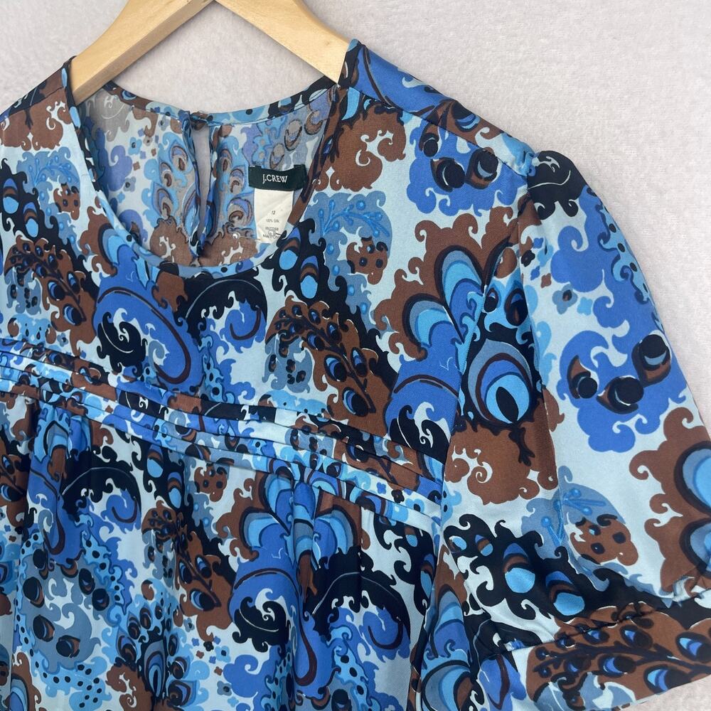 J.CREW Dress 12 Emma Silk Peacock Paisley Print Shift Mini Puff Sleeve Blue - Picture 2 of 12
